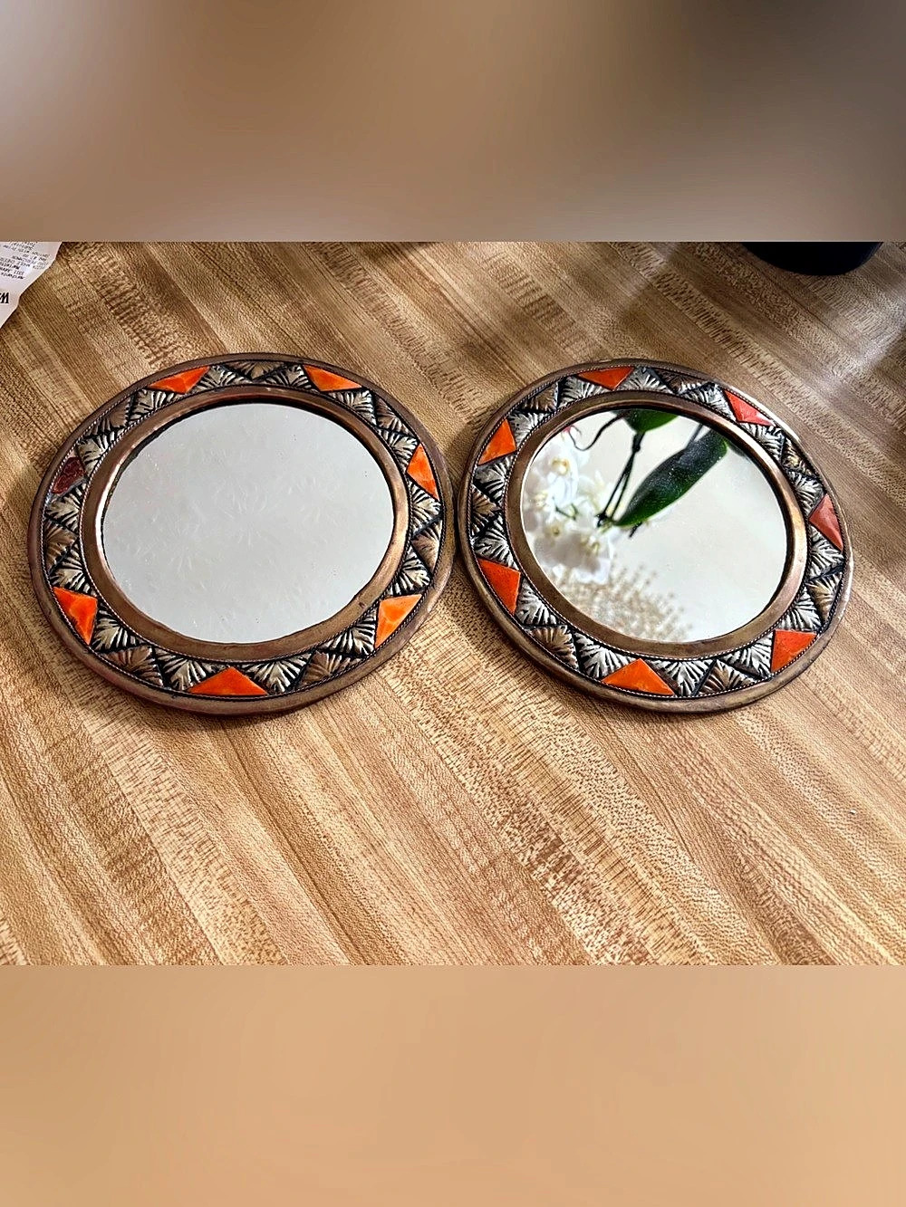 Pair of Round Moroccan Geometric Wall Mirrors in Orange & Brown